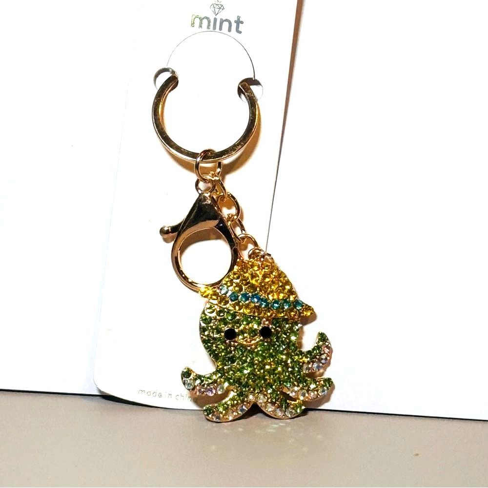 BAG CHARM Mint Gold and Green Bejeweled Octopus Keychain